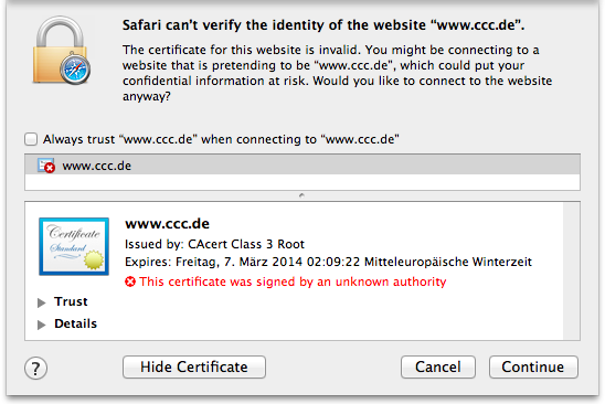 Invalides Zertifikat beim CCC